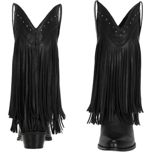 Women's Black Cow Girl Block Heel Calf High Faux Suede Western Boots Shoes - Picture 2 of 8